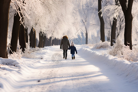 冬天道路素材亲子冬日漫步背景
