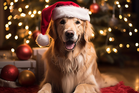 圣诞树前的狗狗背景图片