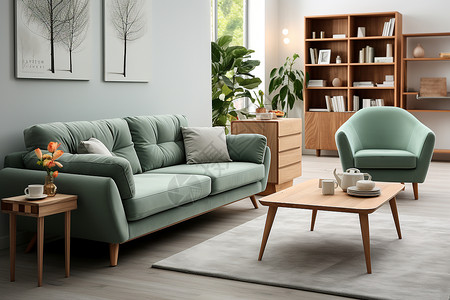 薄荷绿花环温馨客厅里的布艺沙发背景