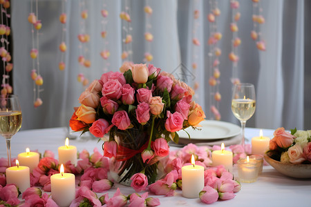 浪漫餐桌上的鲜花背景图片