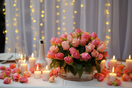 餐桌上的蜡烛和鲜花'.背景图片