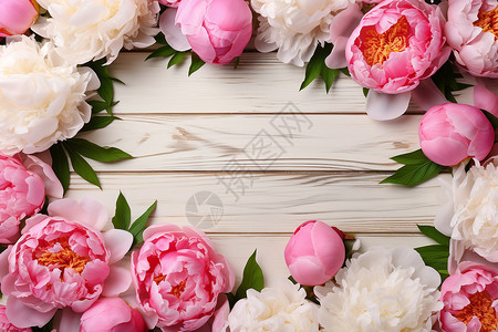 木桌上的牡丹花背景图片