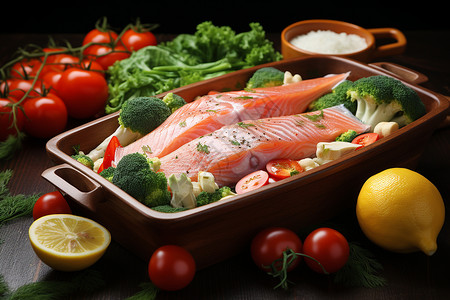 鲜美的三文鱼蔬菜背景图片