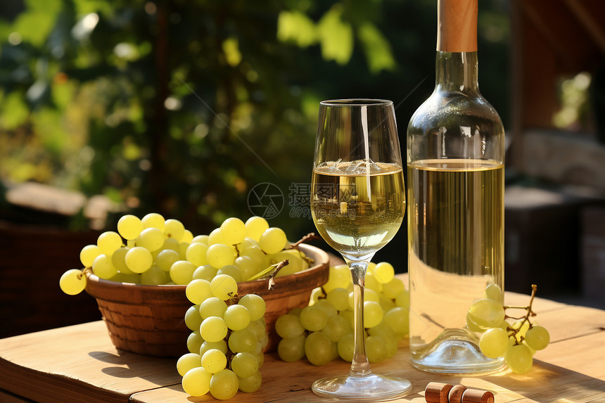 桌上的葡萄和葡萄酒图片