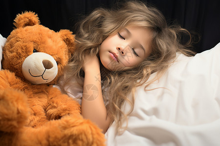 抱着玩偶睡觉的小女孩背景图片