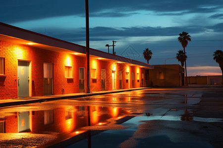 美国仓库夜色下的美国旅馆背景