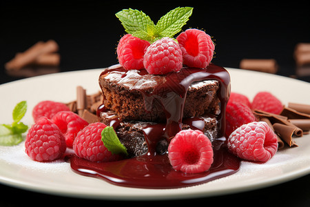 巧克力蛋糕上的覆盆子和巧克力酱高清图片