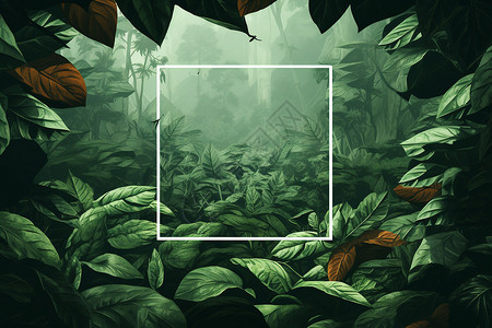 金黄框白素材绿色丛林中的方框插画
