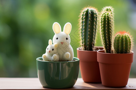 仙人掌和可爱的兔子背景图片