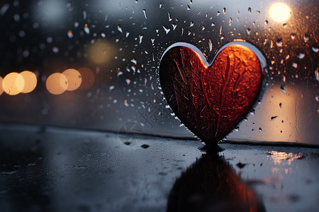 雨中的玻璃窗上一颗心形物品高清图片