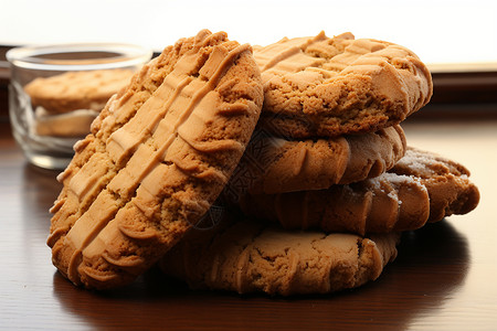 烘焙焦糖餐桌上的一叠饼干背景