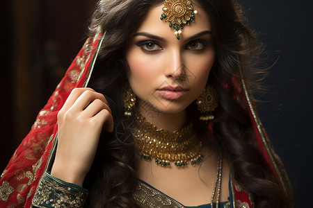 穿着华丽珠宝的印度少女背景图片