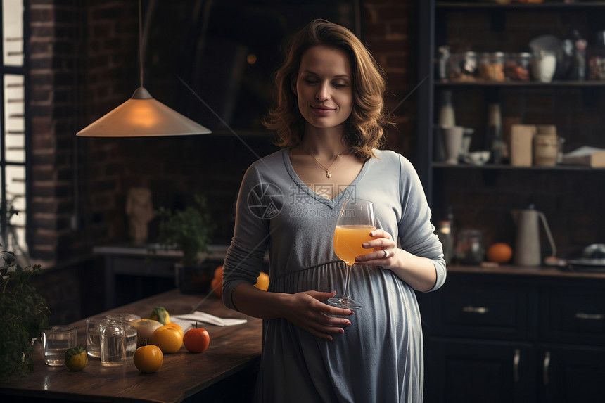 孕妈妈在家厨房端起一杯橙汁图片