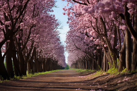 粉红樱花树粉红樱花盛开的林荫道背景