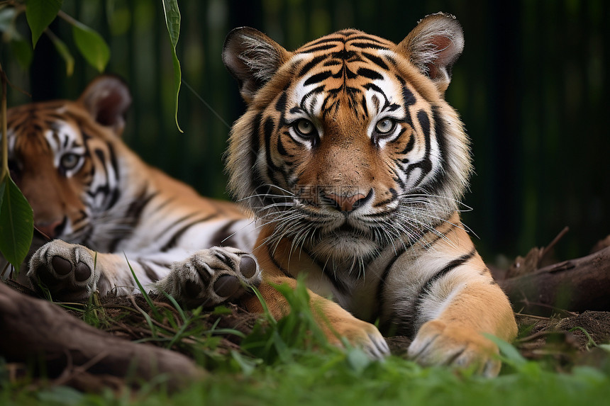 两只老虎在草地上图片