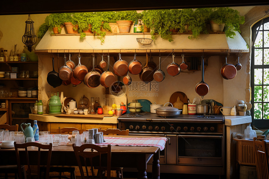 厨房内悬挂的厨具图片