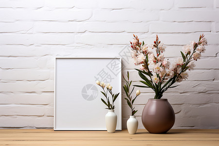 白色上的空白包装桌子上花瓶的花朵背景