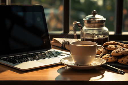桌子上的咖啡和电脑背景图片