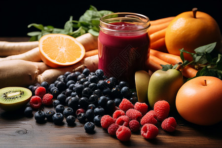 健康的桌子上新鲜的水果背景图片