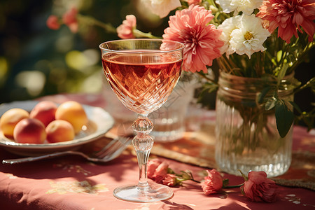 盘葡萄酒与花束背景图片