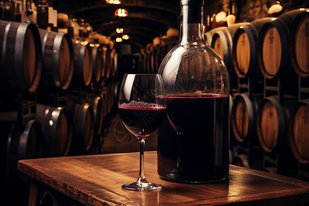 手绘红酒瓶子木桶熟成的红酒背景