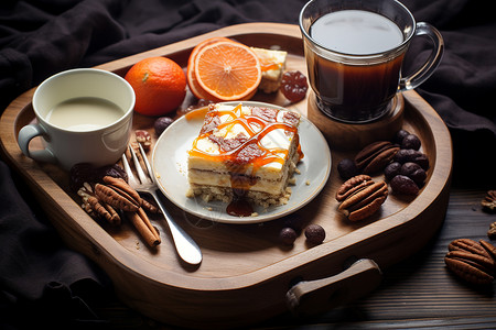 盘中的咖啡和蛋糕背景图片