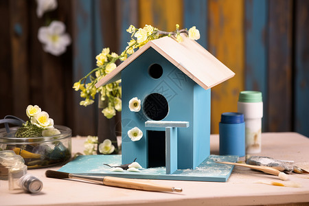 手工模型素材手工制作的蓝色鸟屋背景