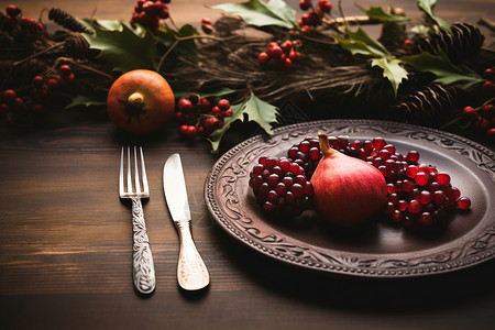 木桌上的餐具水果背景图片