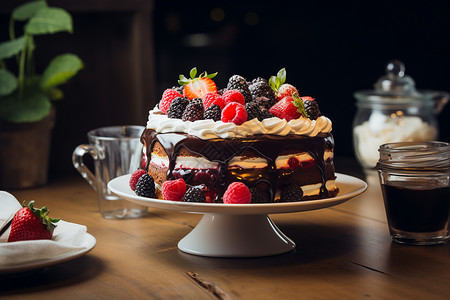 盘子里的巧克力蛋糕背景图片