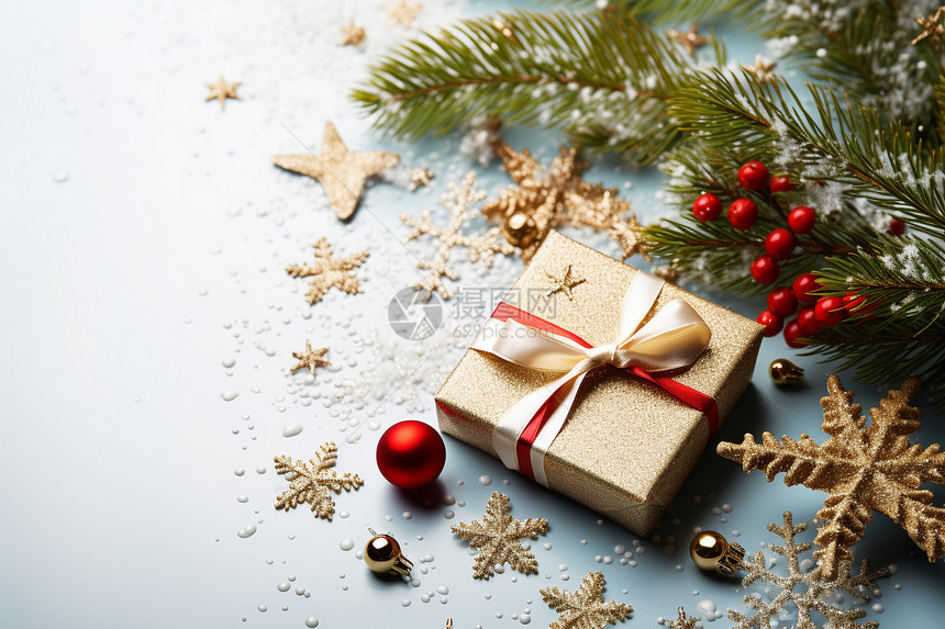 圣诞树枝旁的礼物盒图片