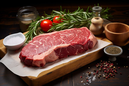 木板上的鲜牛肉背景图片