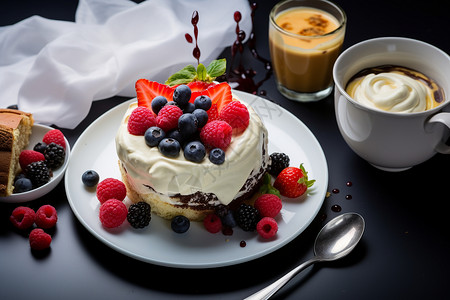 美味的咖啡与浆果蛋糕背景图片