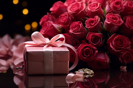 粉红色玫瑰与礼盒背景图片