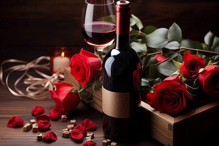 玫瑰红酒情人节小木盒高清图片