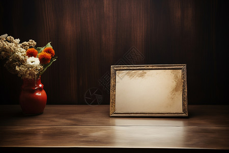古朴木桌上的相框背景图片