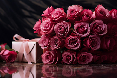 粉色玫瑰花束与白色礼盒高清图片