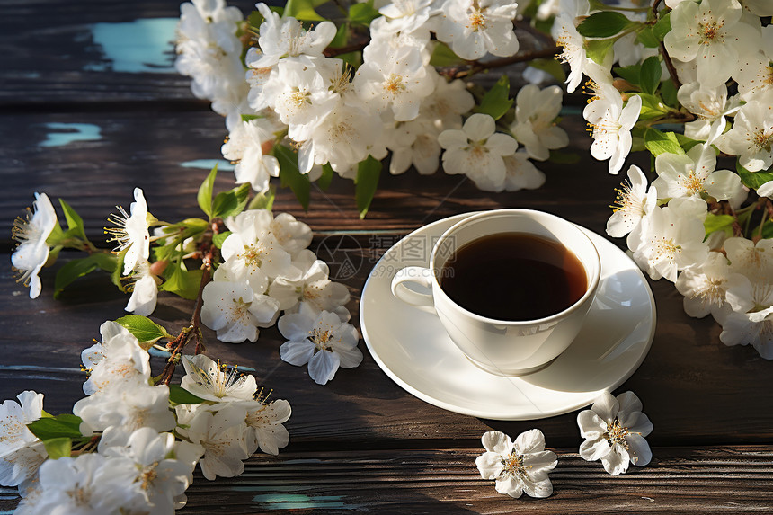 晨光中的咖啡与花朵图片
