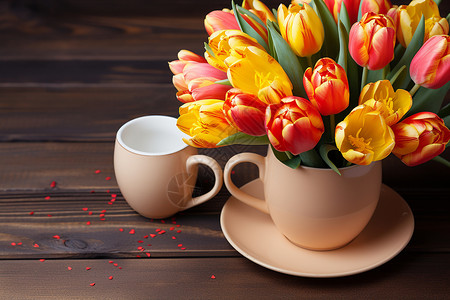 桌上的鲜花和咖啡杯背景图片