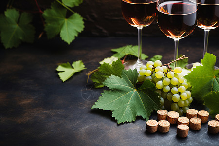 桌子上的葡萄酒和葡萄背景图片