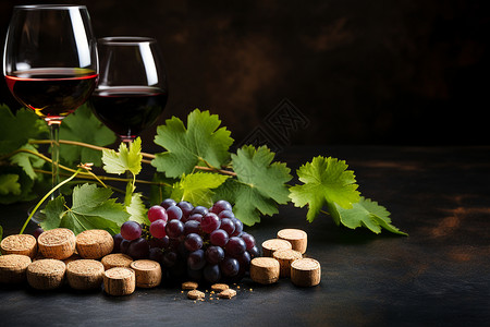 木制桌上的葡萄酒与葡萄背景图片