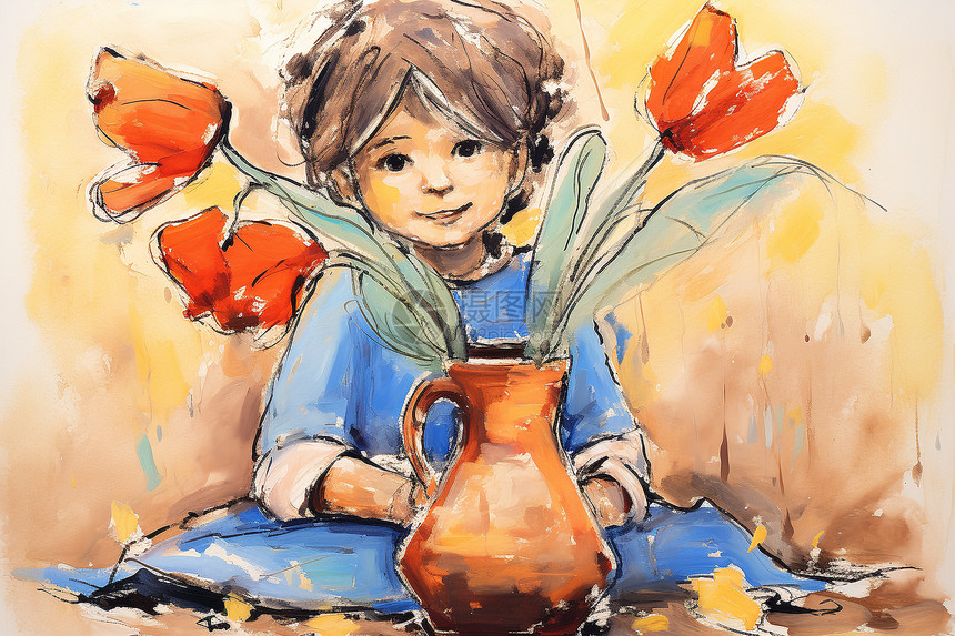 孩子抱着花瓶图片