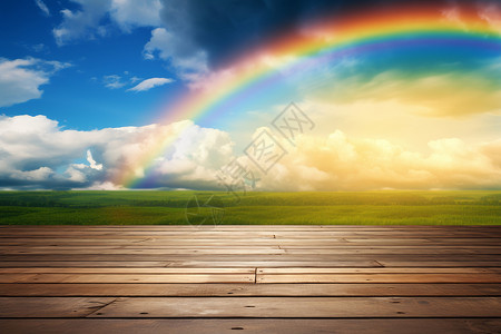 木板前的彩色彩虹背景图片