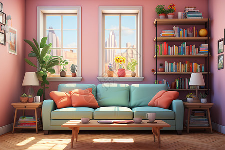 家装温馨阳光下的客厅插画