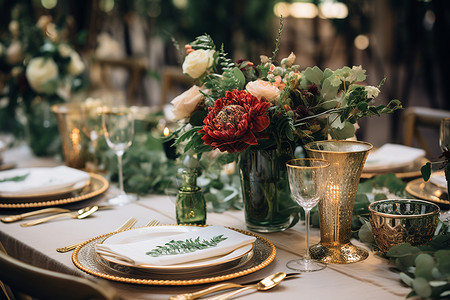 布置精美的餐桌浪漫花香的婚礼餐桌背景
