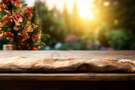 日出花园中的木桌背景背景图片