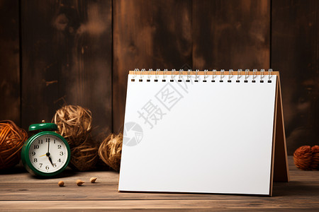 木闹钟木桌上的闹钟和笔记本背景