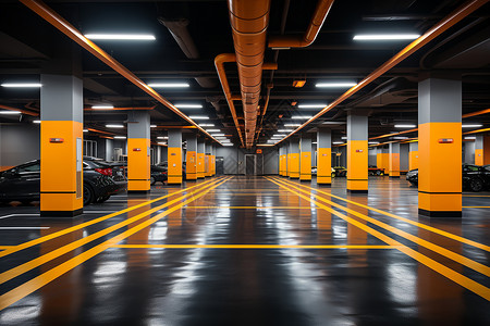 车库灯光整洁有序的地下停车场背景