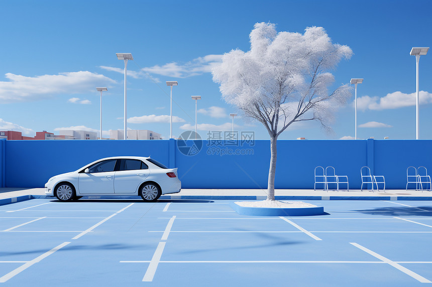 宁静蓝白中的停车场图片