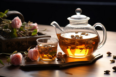 新鲜桃花茶养生饮品的玫瑰花茶背景