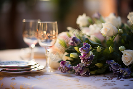鲜花布置的餐桌背景图片